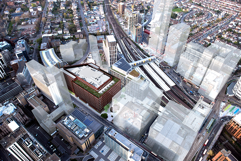 Ariel view of PIC’s £267.6m investment, 2 Ruskin Square, adjacent to Croydon railway station