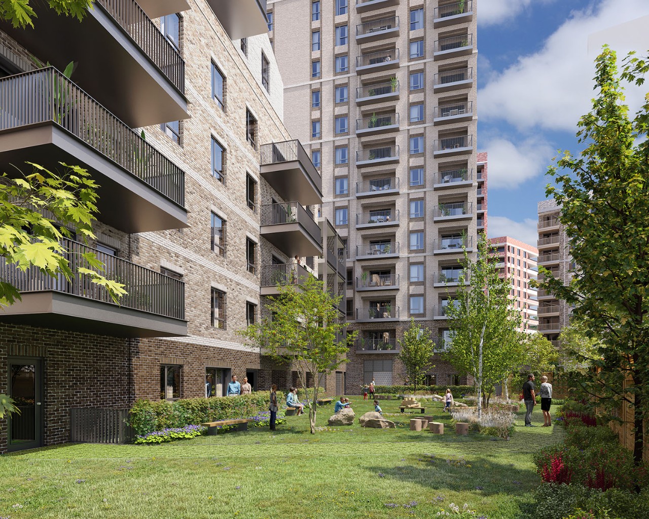 CGI garden view of apartment block and communal gardens - London Square