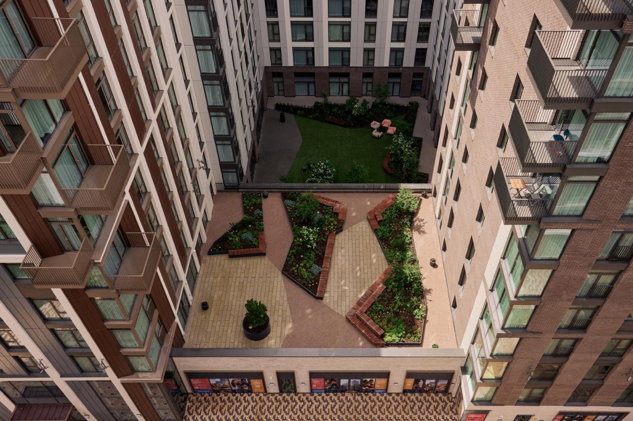 aerial shot of garden and courtyard